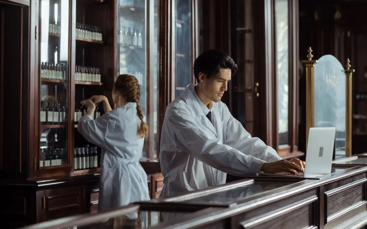Pharmaciens préparant des traitements derrière un comptoir d'officine